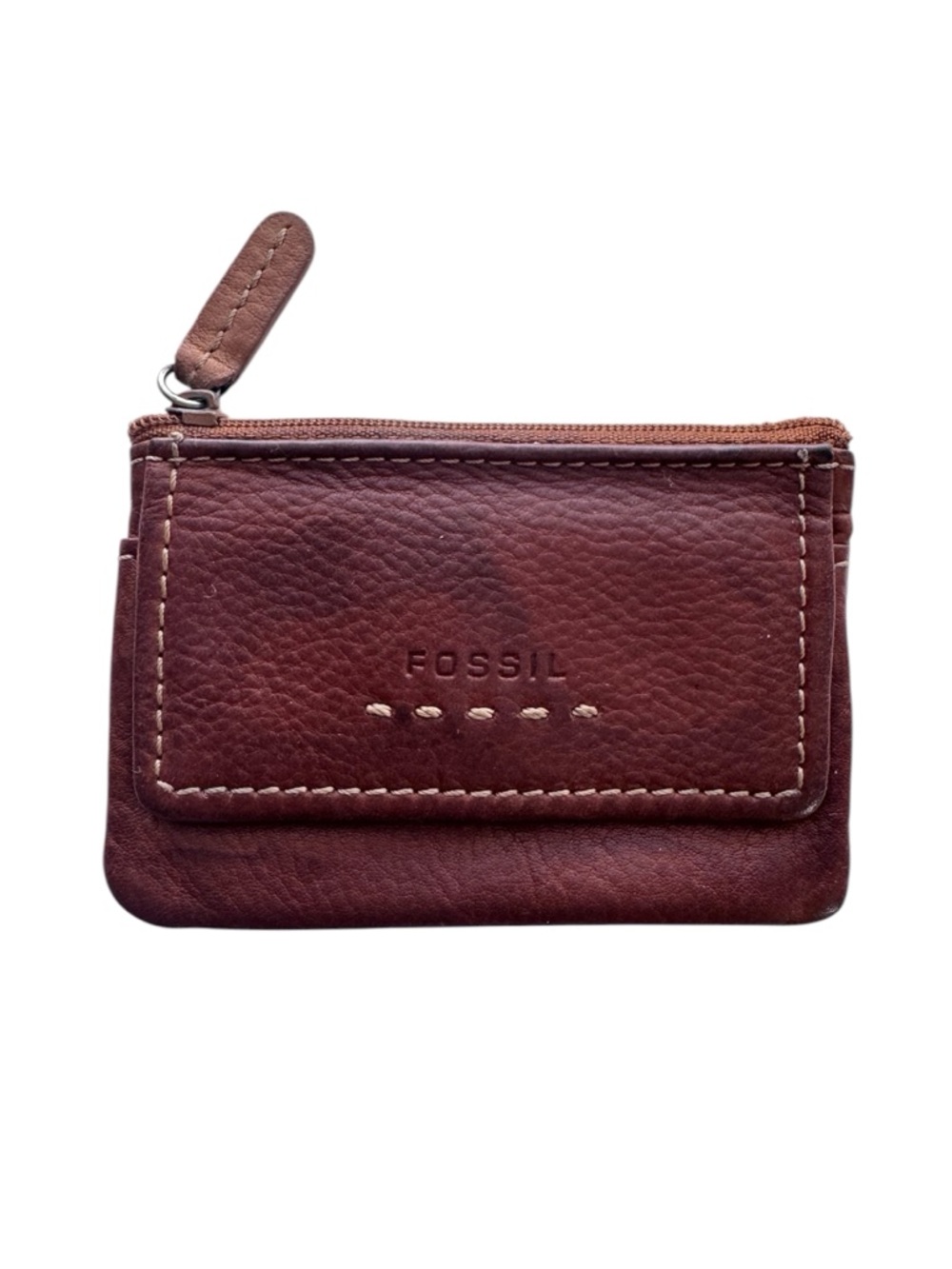 Fossil Brown Leather Coin Pouch Zip Card Holder Wallet Small